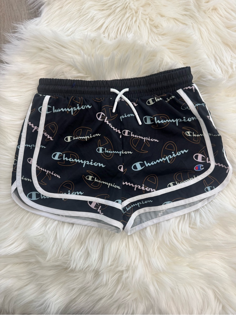Champion Black Logo-Print Athletic Shorts with White Trim
